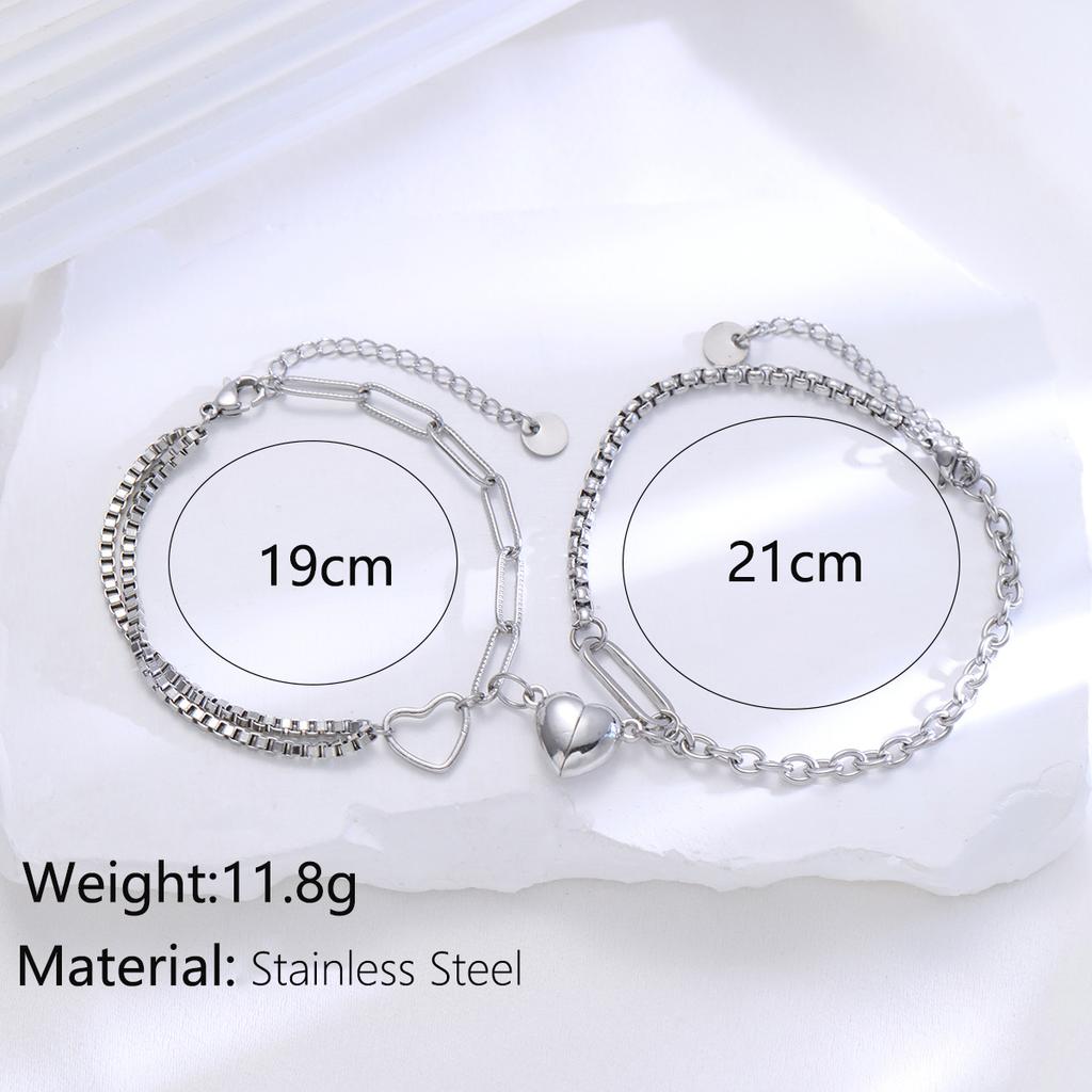 2PCS Simple Fashion Stainless Steel Bracelet Set for Couple Unisex Women Men Lover Heart Silver Color Chain Bracelets Jewelry