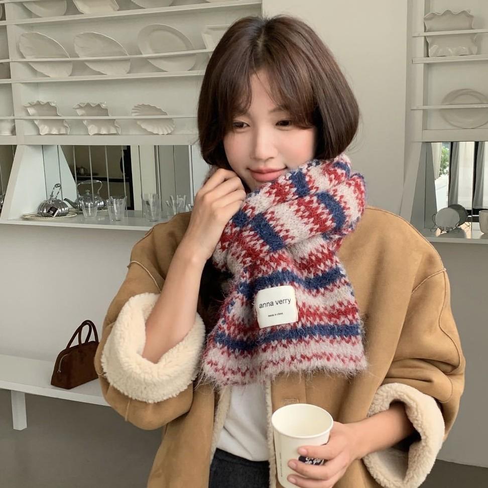 Striped Knitted Scarf for Women Autumn and Winter Thick and Warm College Style Shawl Scarf