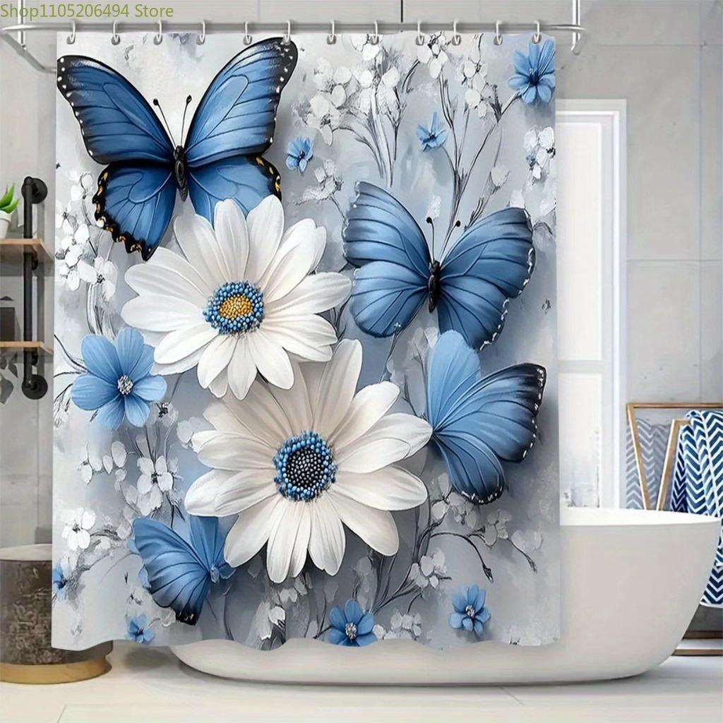 1/3/4pcs, Fashionable and Simple Blue Butterfly and White Flower Bathroom Set - 2D FLAT Shower Curtain, Bath Mat, Toilet Lid C
