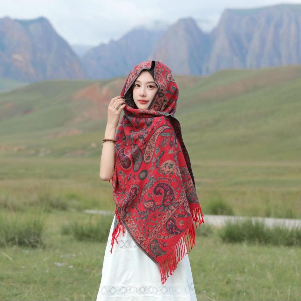 High-End Red Angora & Imitation Cashmere Ethnic Style Scarf Shawl
