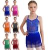 Kids Girls Latin & Tango Performance Dress: Rhinestone & Sheer Mesh Patchwork Bodysuit with Tiered Tassel Fringe