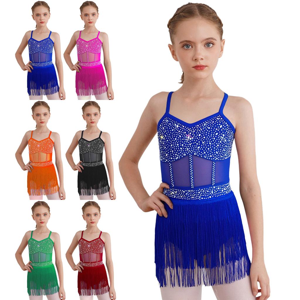 Sukienka na występ w tańcach latynoamerykańskich i tango dla dziewczynek: Strojowy body z naszywkami z dżetów i siateczką, z wielopoziomowym frędzlem