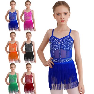 Abito da Performance Latino e Tango per Bambine: Body Patchwork in Rete Trasparente e Strass con Frange a Nappe a Strati