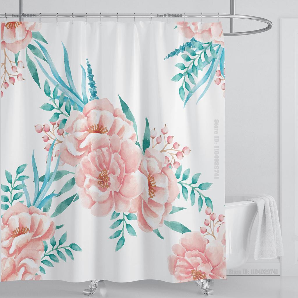 Watercolor Leaves on The Top Plant with Floral Bathroom Greenery Leaf Decoration Watercolor Botanical Shower Curtain with Hooks