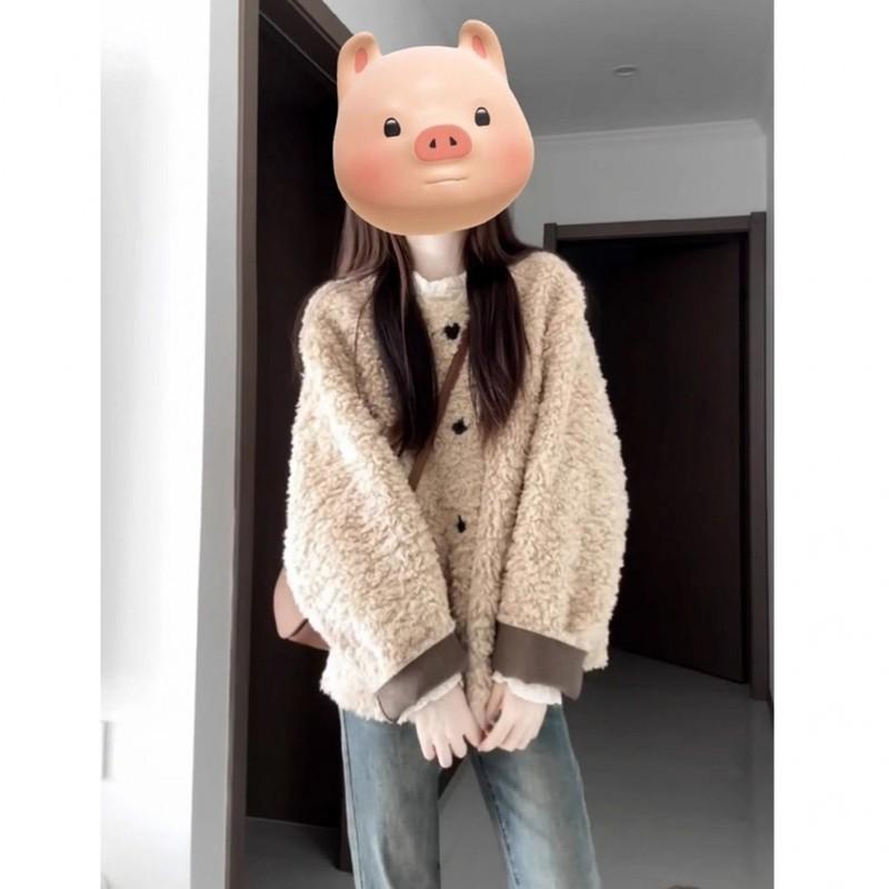 Womens Korean Fleece Jacket Solid Color Loose Fit Open Front Long Sleeve Coat