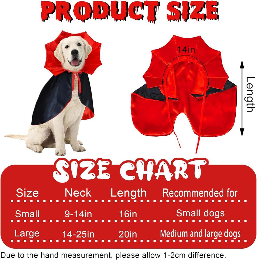 L Size Vampire Bat Wing Dog Cape for Small Medium Dogs - Gothic Devil Cloak Hooded Adjustable Halloween Costume Puppy Dress Up