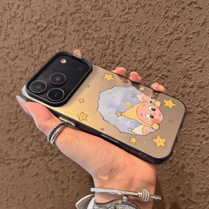 Silver Foil Star Cartoon Case for Apple 11/12/13/14/15/16/17 Pro and Pro Max