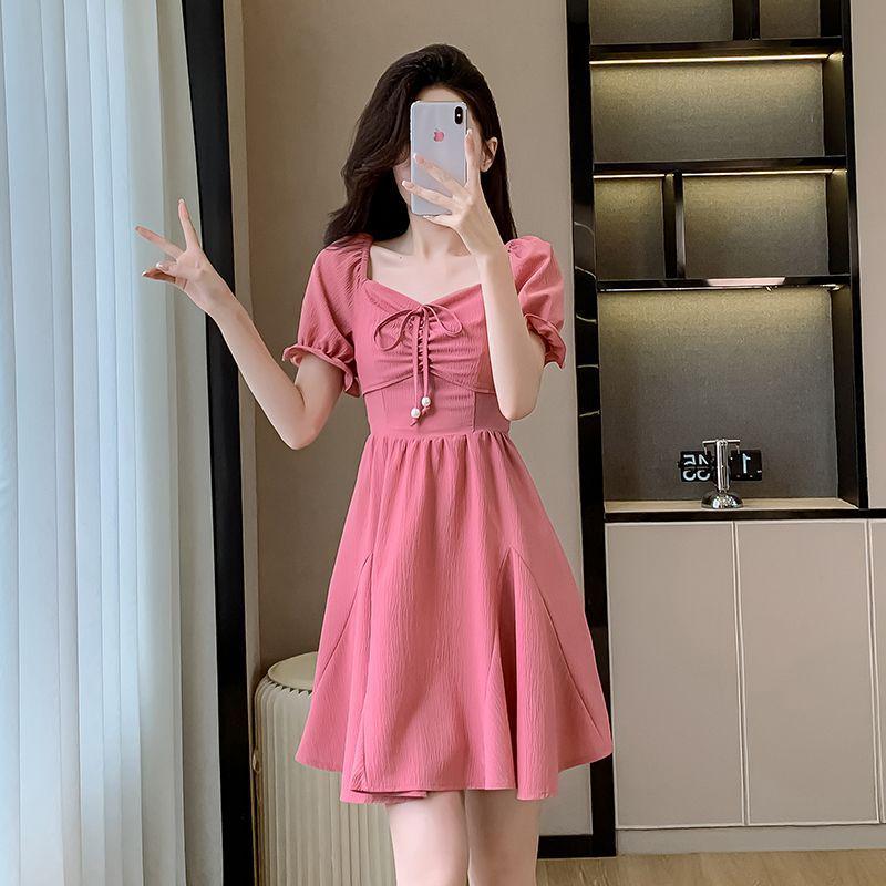 2025 French Chic Puff Sleeve Petite Slimming Short Dress with Cinched Waist