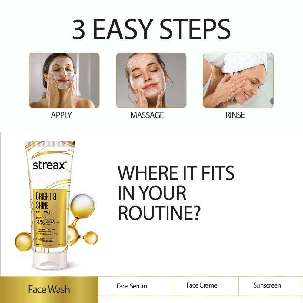 Streax Bright & Shine Face Wash 100 ml With Vitamin C Glycolic Acid Serum For Glowing Skin Daily Use