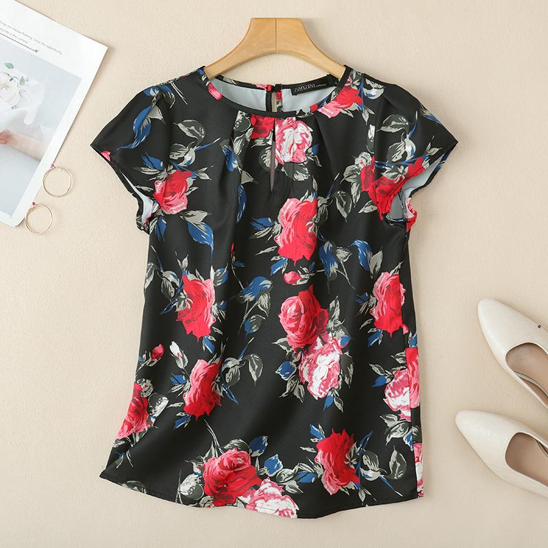 

ZANZEA Women Short Sleeve Floral Print Pleated Round Neck Blouses S чёрный