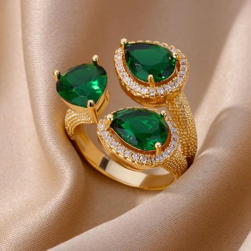Retro Wassertropfen Smaragd Zirkon Ring Damen wasserdichter Edelstahl übertriebener leichter Luxusschmuck
