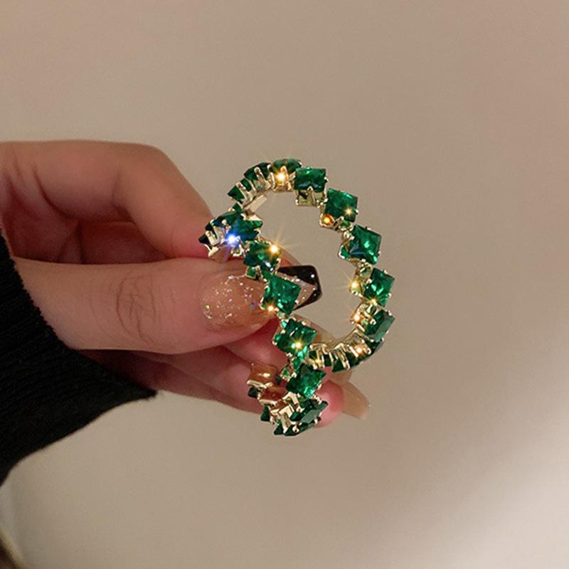 Emerald diamond leaf fringed earrings light luxury stud earrings women's European and American earrings
