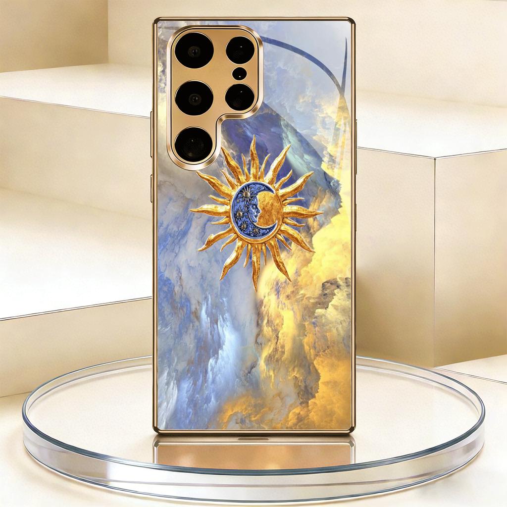 Gold-plated Tempered Glass Phone Case Compatible Galaxy S26 S25 S24 S23 S22 Ultra Plus. Features a Corona Cloud Design.