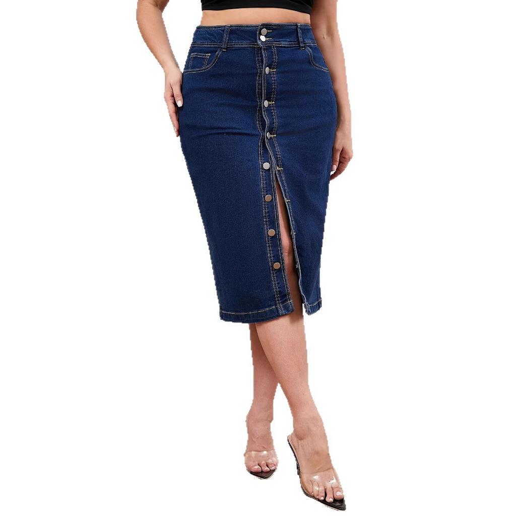 Women's Midi Bodycon Pencil Denim Skirts High Waisted Denim Jean Skirt With Pockets Long Stretch Casual Front Slit Button Down Jean Skirt for Women