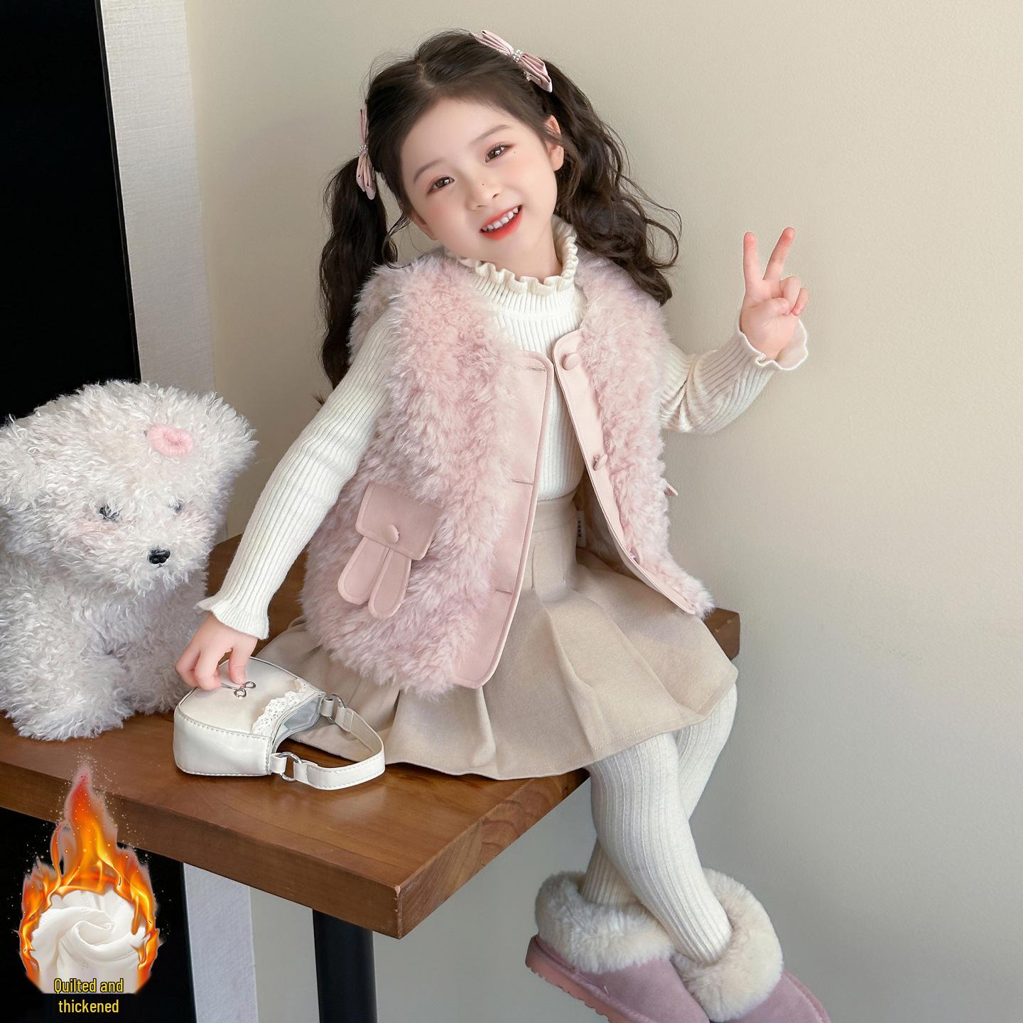 

2025 Милый жилет из искусственного меха для девочек в корейском стиле – Модная безрукавка для осени и зимы 120 cm