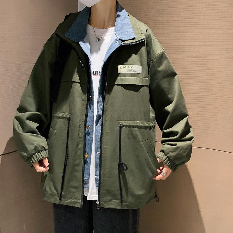 

Fake two-piece denim spliced jacket men s spring and autumn trendy brand retro tooling jacket American loose plus size baseball jersey 5XL армия зеленый