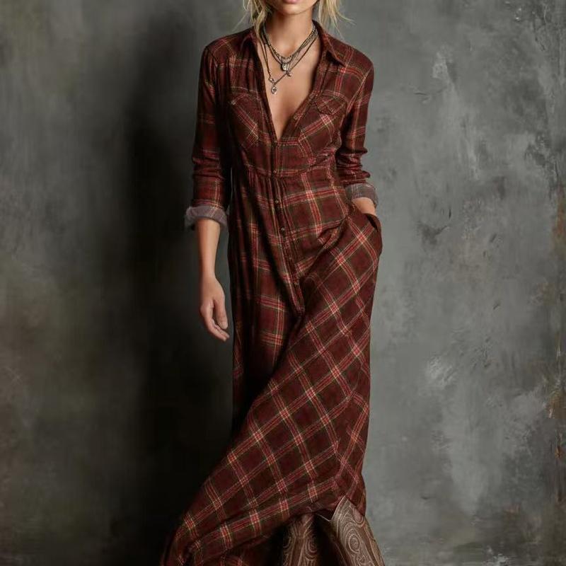 European Style Print Casual Long Sleeve Plaid Maxi Dress M