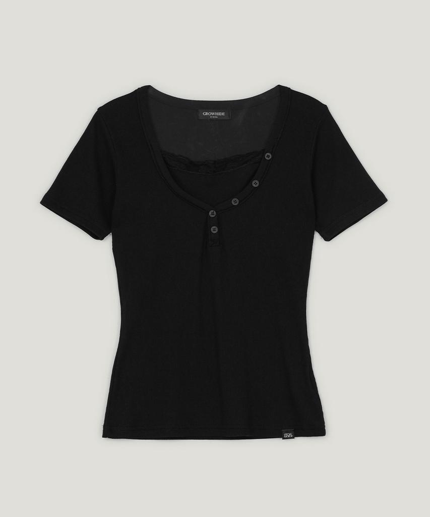 Geulouhaideu Dane Lace Button Short Sleeve T-Shirt_Black