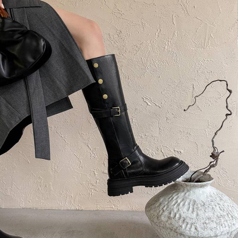 New Versatile Leather Martin Boots Medium Heel Round Head Thick Sole Non-slip Square Heel Large Tube Circumference High Boots Cowhide Women's Leat