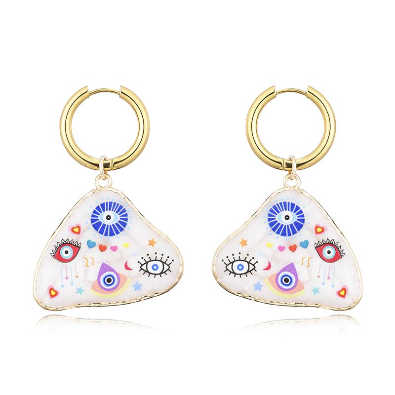 Trendy Colorful Eye Heart Star Moon Pattern Stainless Steel Hoop Earrings Woman Big Vintage Statement Geometric Enamel Zircon
