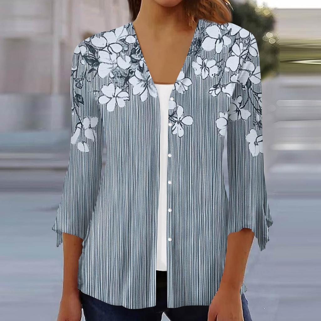 Women's Fashion Loose Casual Printed Seven-Part Sleeve Button Down Blouse Cardigan Top