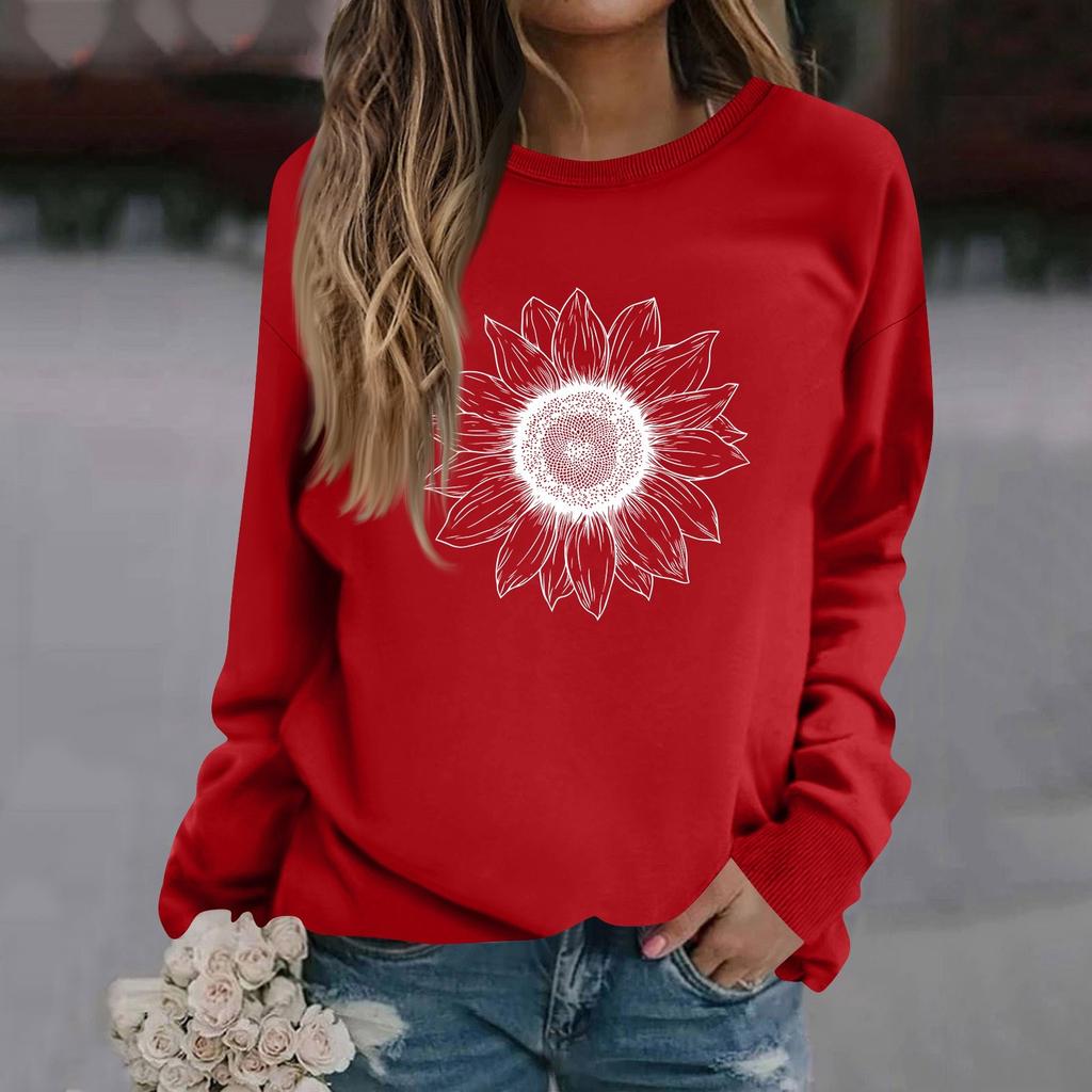 Sweat-shirt décontracté à manches longues et col rond pour femme, couleur unie, imprimé