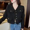 Real Shot Fashionable Women's Black Wool Xiang-Style Loose Short Jacket - Spring/Autumn Socialite Wear