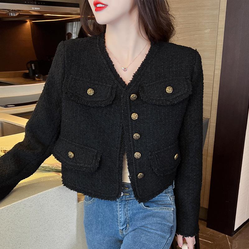 Real Shot Fashionable Women's Black Wool Xiang-Style Loose Short Jacket - Spring/Autumn Socialite Wear