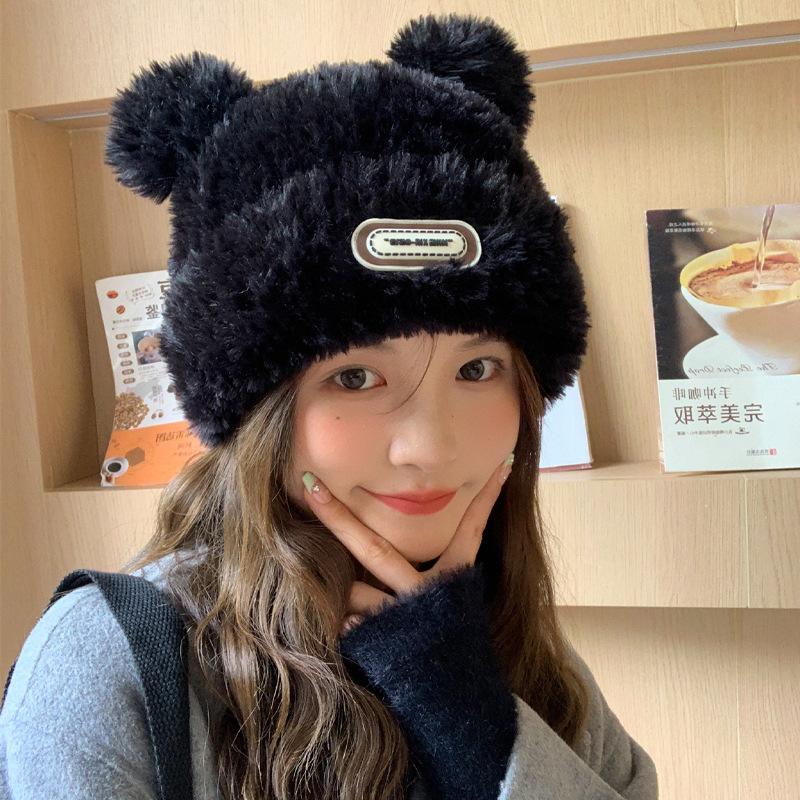 Cute Bear Plush Knitted Hat Children Autumn and Winter Thickened Warm Leather Label Big Head Circumference Pullover Basin Hat