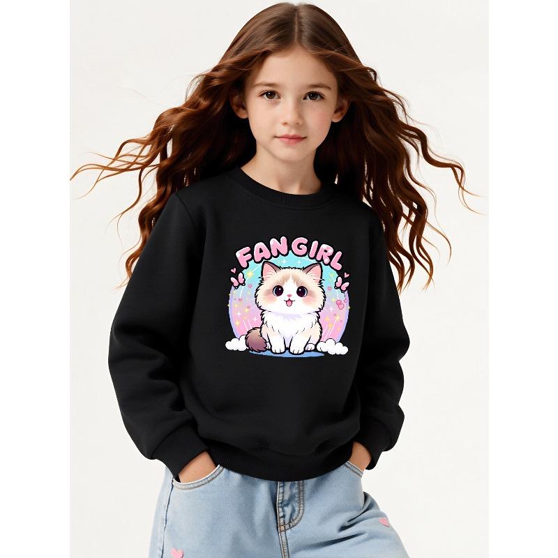 Girls' Crew Neck Sweatshirt Cute Cat Fan Girl Sticker, Soft Cozy Pullover, Warm Casual Outfit for Autumn And Winter