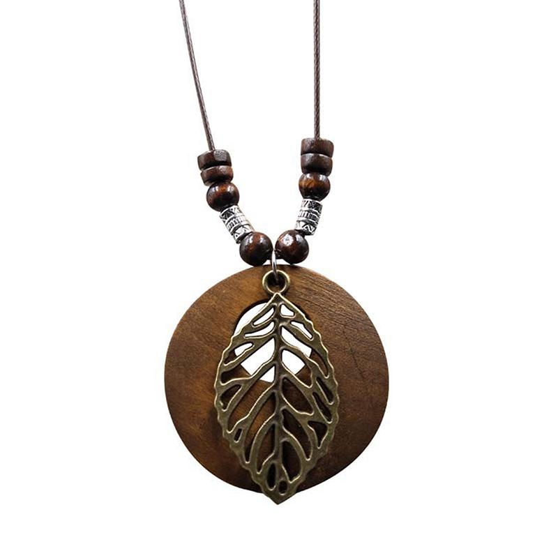 Retro Houten Blad Uil Lange Truiketting Etnische Ronde Ketting Vrouwen Klok Hanger Vrouwelijke Sieraden Nekaccessoires Cadeaus Kraag