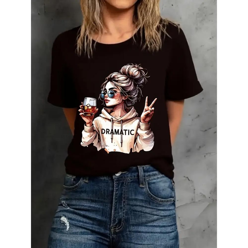 Streetwear 90s Women's Casual Graphic T-Shirt Dramatic Print with Wine Print Short Sleeve T Shirt Clothing Top Tee