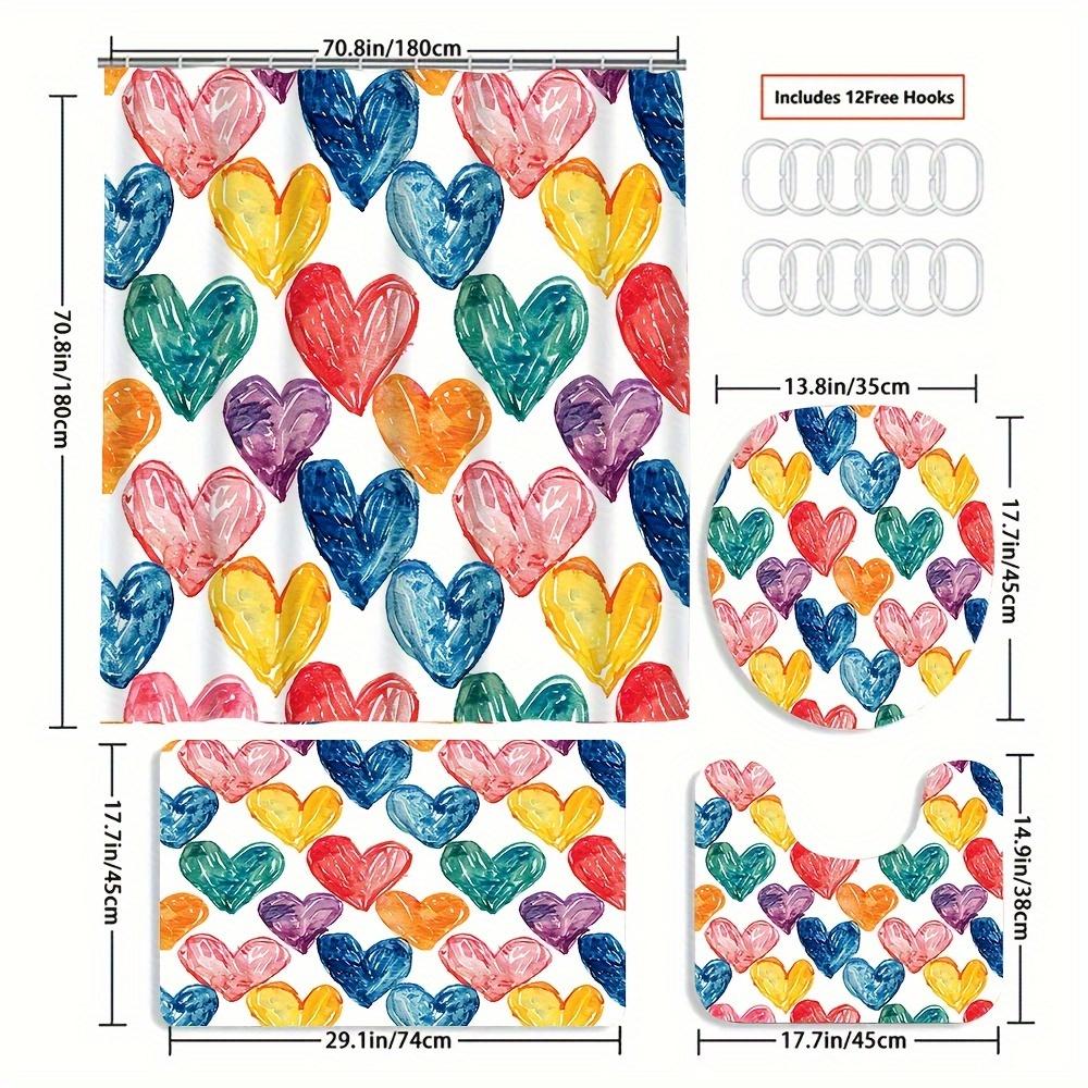 

Colorful Heart Print Bathroom Set: Includes 12 Free Hooks, Waterproof Shower Curtain, Non-Slip Bath Mat, Toilet Seat Cover, Bath W60H190(CM)-1 Pcs