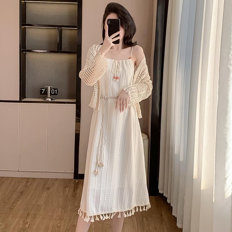 Bohemian Tassel Spaghetti Strap Fitted White Dress with Shawl - Early Spring Collection
