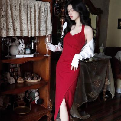 L Vestido de banquete sexy com alça no pescoço, vestido feminino sem mangas com fenda na cintura, cor sólida, vestido que abraça o quadril