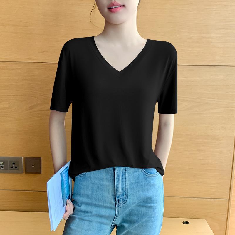 Short Sleeve Black Facial Mask T-shirt Female Summer V-neck New Ice Silk Low Neck Loose Spring and Autumn Top JS