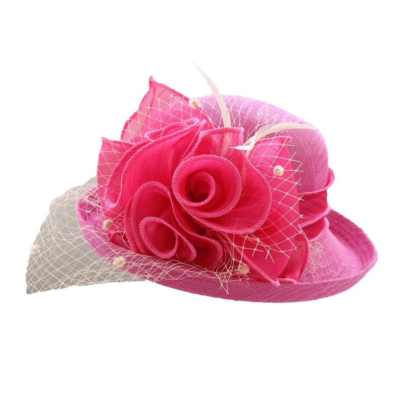 Temperament Linen Flower Elegant Banquet Top Hat Spring And Autumn Solid Color Curled Sun Hat Women'S Outdoor Sunscreen Basin Hat