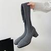 Fashion Tall Sock Boots Autumn New Round Toe Knit Breathable Square Heel Non-Slip Wear-Resistant High Heels