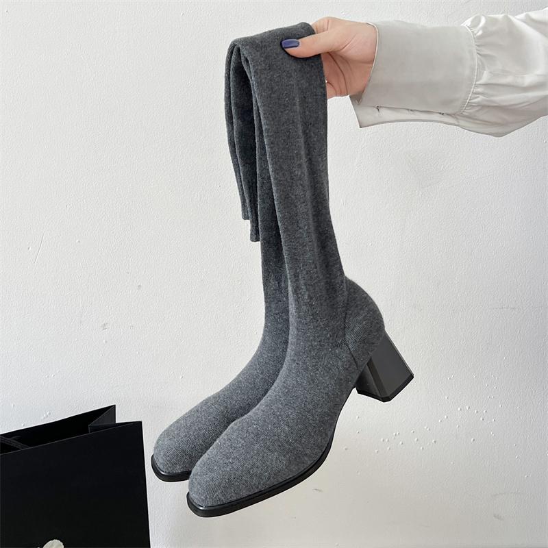 Fashion Tall Sock Boots Autumn New Round Toe Knit Breathable Square Heel Non-Slip Wear-Resistant High Heels