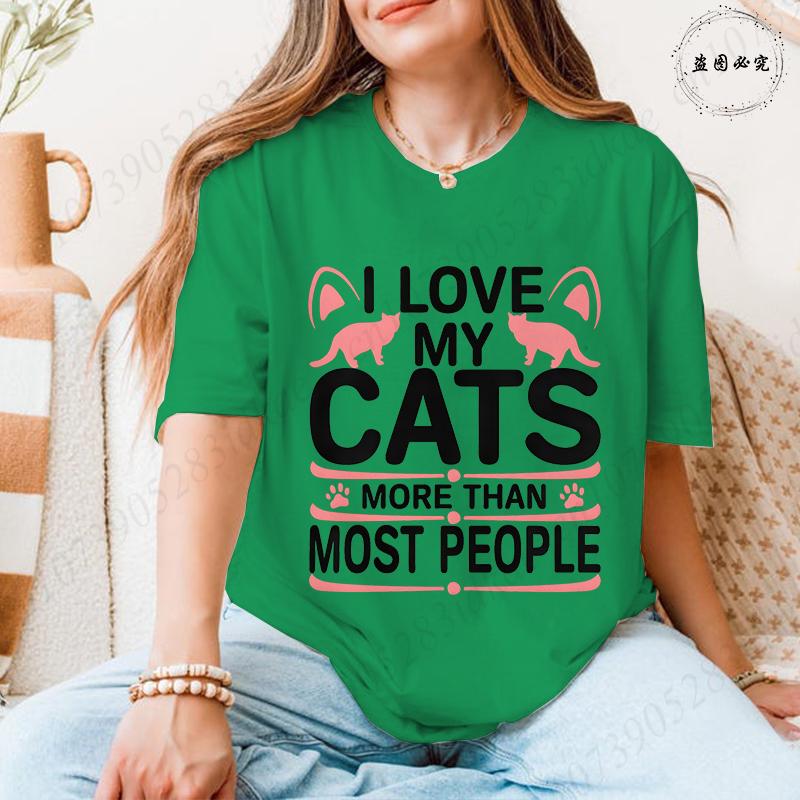 I Love My Cats More Than Most People T-Shirt for Women, Pink Cat Ear & Paw Print Graphic Tee, Harajuku Short Sleeve O Neck Tops