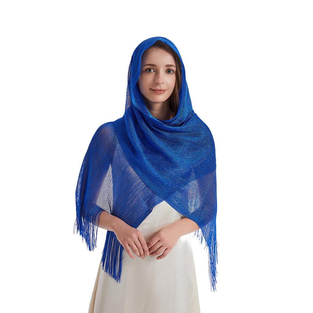 Damen Abend-Schal mit Gold- und Silberfäden und Quasten, Umhang-Design, Leicht mit Trägern, Ausgeschnittenes Bolero-Style.