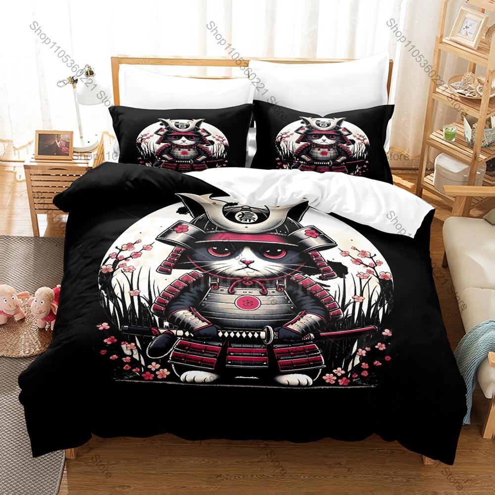 Samurai Cat 3PCS Bedding Set Cool Warrior Cat Print Soft Microfiber Duvet Cover Pillowcase Home Decor