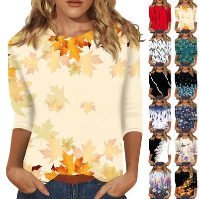 Women's Casual Leaf Print 3/4 Sleeve Round Neck Loose Fit Blouse Top Comfortable and Stylish