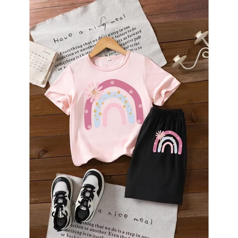 

Summer Children s Fun Rainbow Graphic T-Shirt Set Crew Neck Short Sleeves + Elastic Waist Shorts 2PCS Set Casual Girls Clothing 100