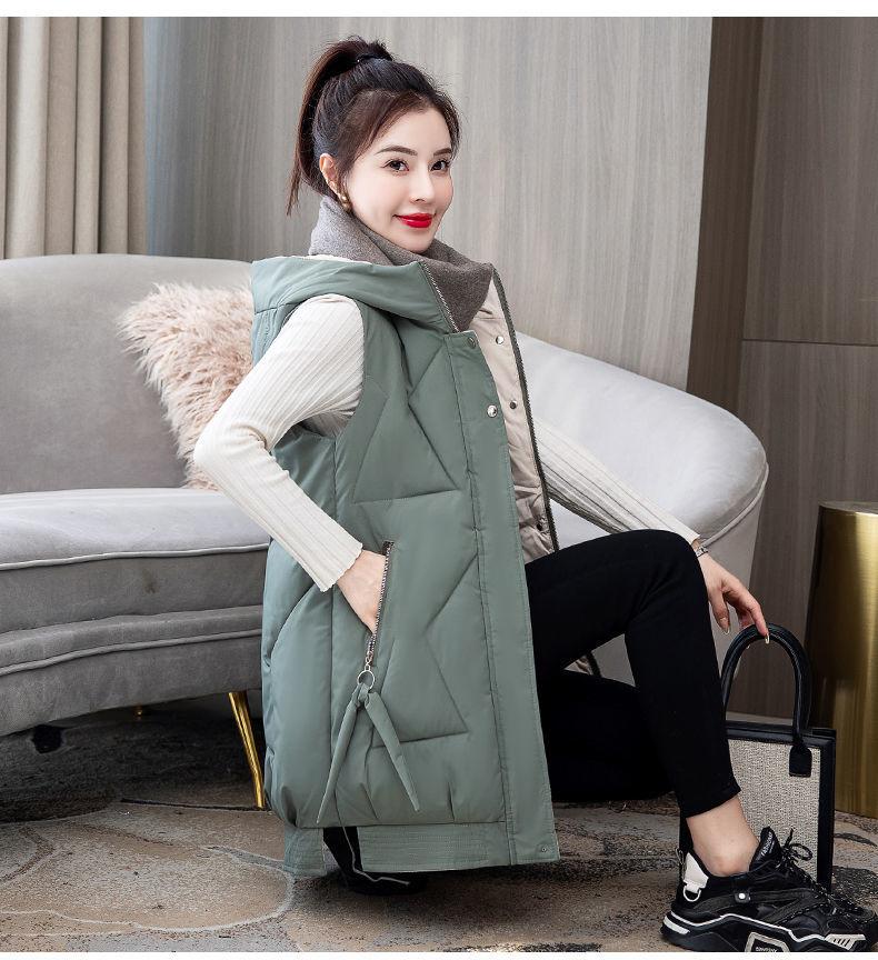 Autumn and Winter Women's Solid Color Hooded Warm and Windproof Mid-length Women's Sleeveless Jacket 9 Colors