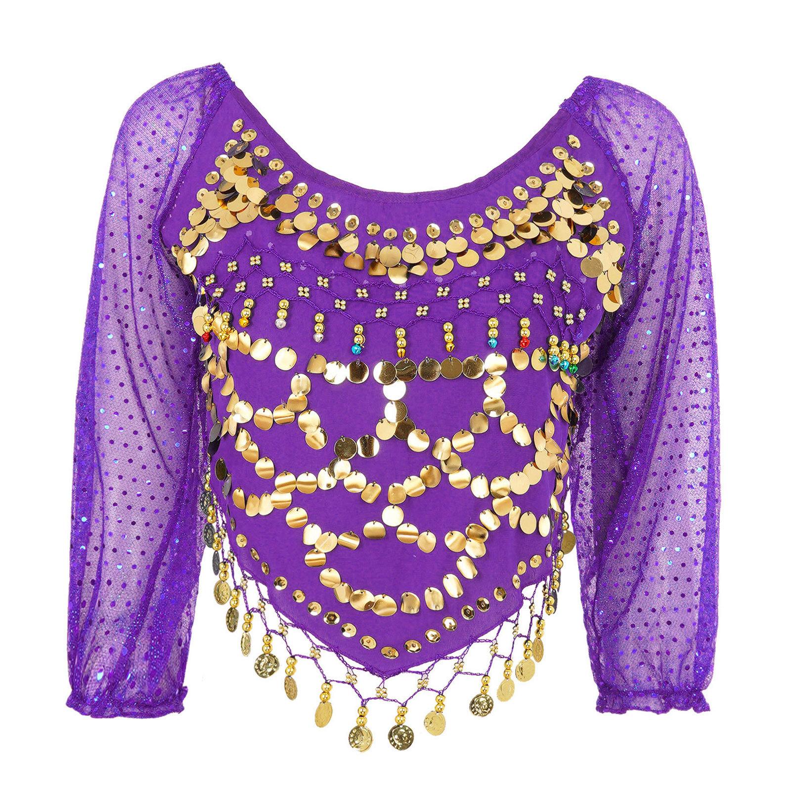 

Жіночий топ для танцю живота з паєтками, з довгим рукавом, шифоновий, з зав язками на спині, кроп-топ для карнавалу One Size фіолетовий