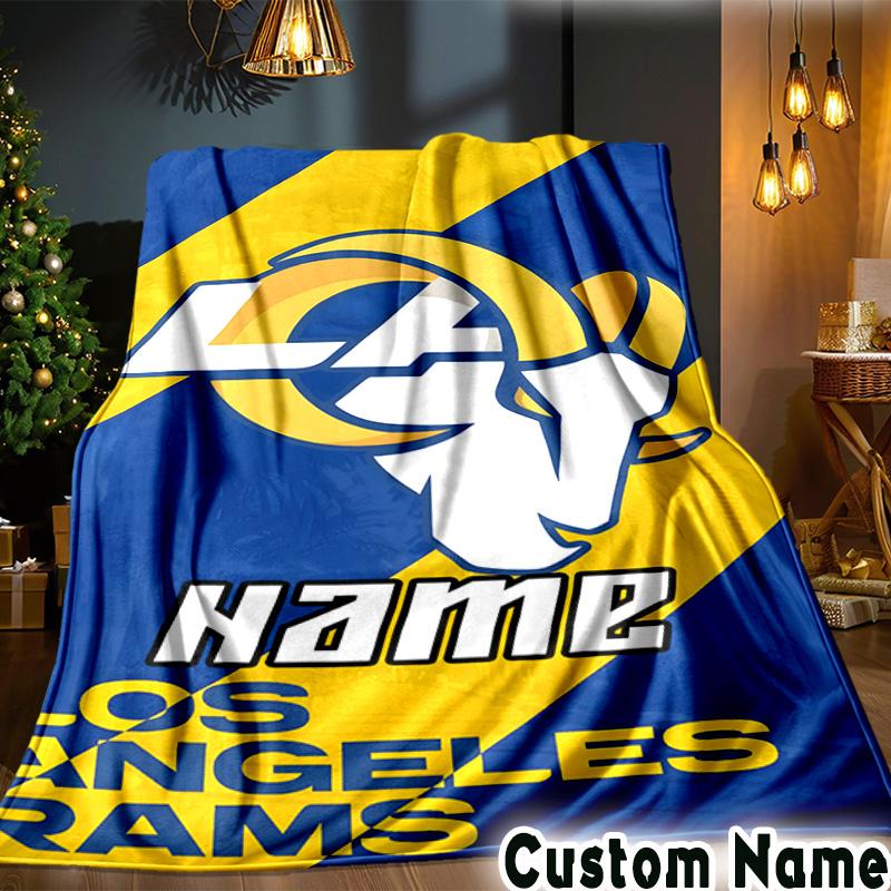 Custom Name Rams Team Spirit Throws Blanket Flannel Blankets for Couch Bed Gifts for Men Women Picnic blanket Christmas fan gifts