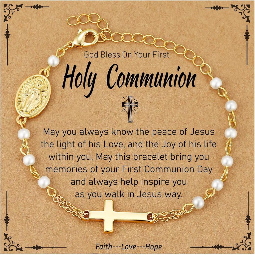 Catholic Gifts for Women Girls Pearl Rosary Beads Virgin Mary Cross Bracelet First Communion Baptism Religious Christian Jewelry