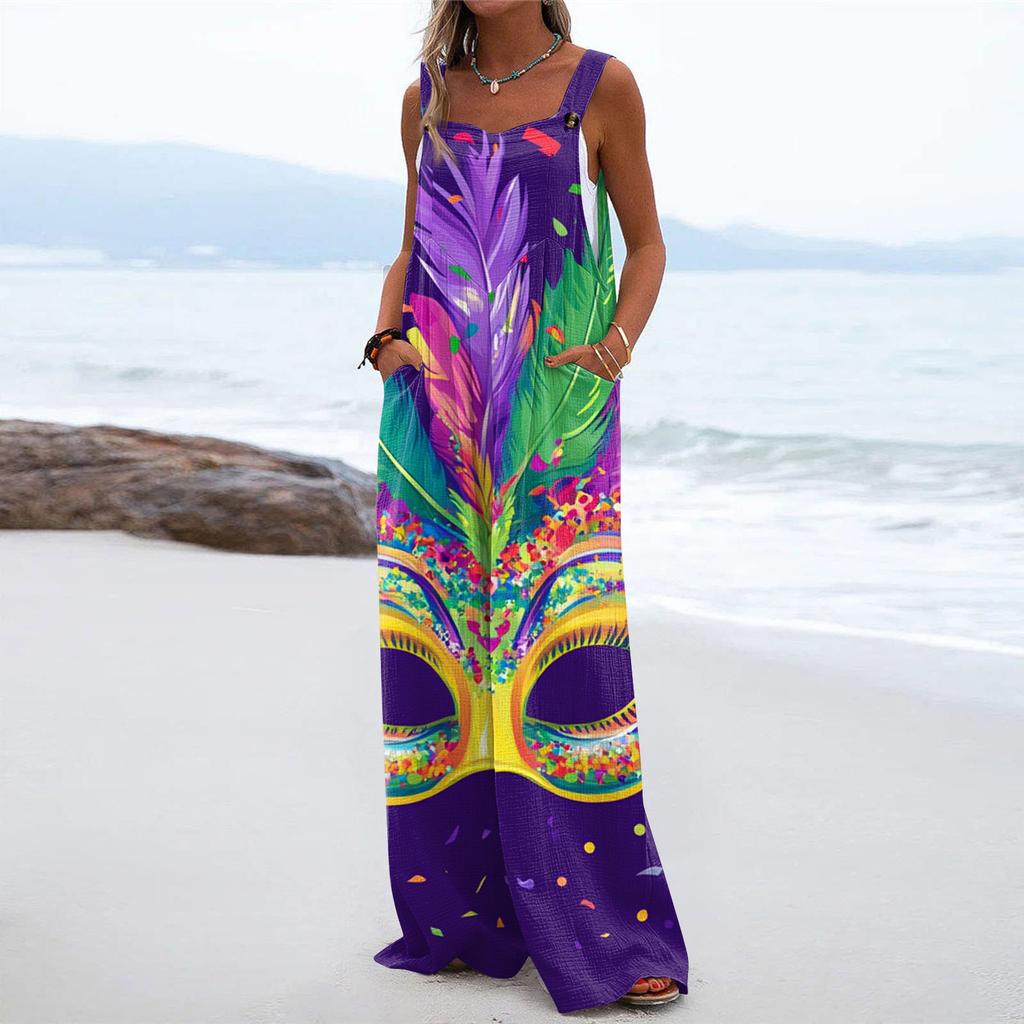 Wide Leg Overalls For Women Casual Loose Sleeveless Print Button Long Pant Romper Jumpsuit With Pockets