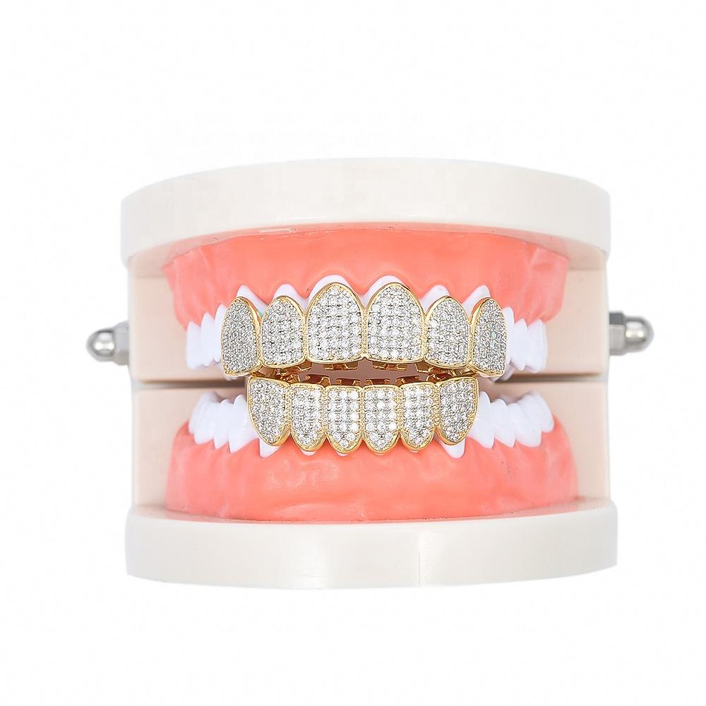 Ice Out Hip Hop Gold Teeth Jewelry Grillz Mouth Teeth Caps Top & Bottom Diamond Zircon Tooth Set Mens Women Vampire